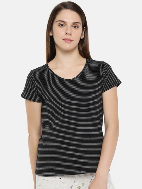 Dreamz by Pantaloons Women Black & White Striped Round Neck Lounge T-shirt