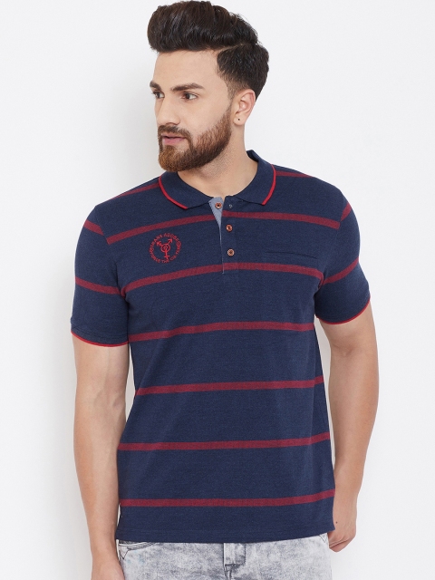 Adobe Men Navy Blue Striped Polo Collar T-shirt
