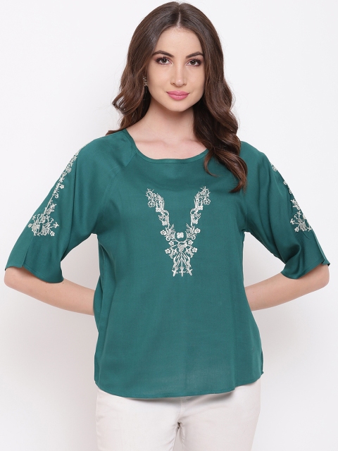 Mayra Women Teal Green Embroidered Top