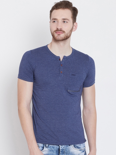 Adobe Men Blue Solid Henley Neck T-shirt