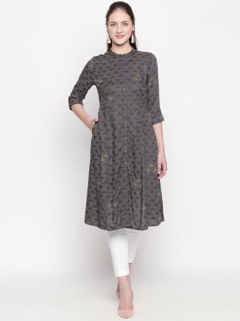 RANGMANCH BY PANTALOONS Women Charcoal Grey & White Printed A-Line Kurta