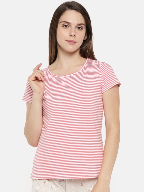 Dreamz by Pantaloons Women Coral Pink & White Striped Round Neck Lounge T-shirt