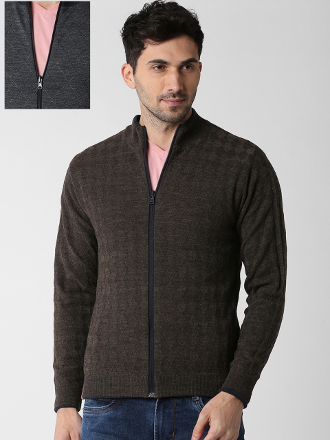 Peter England Casuals Men Grey Self Design Front-Open Reversible Sweater