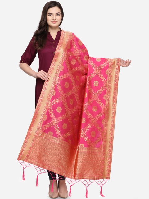 Satrani Pink & Gold-Coloured Woven Design Jacquard Banarasi Dupatta