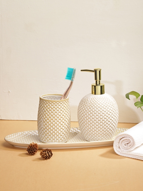 Chumbak Set of 3 White & Gold-Toned Printed Ceramic Bath Accessories