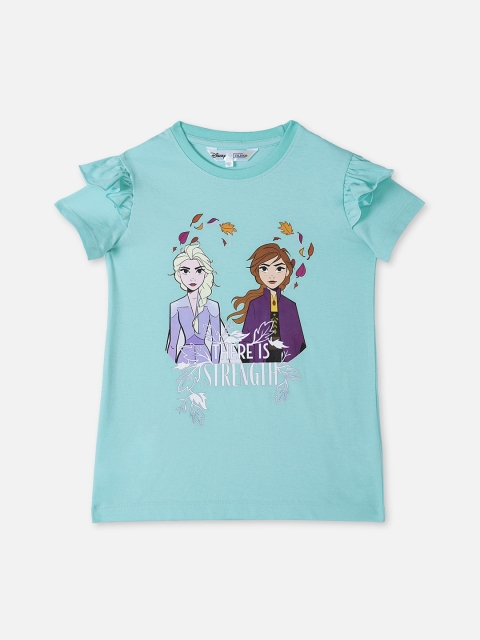 DISNEY X ZILINGO Girls Turquoise Blue Frozen Printed Top
