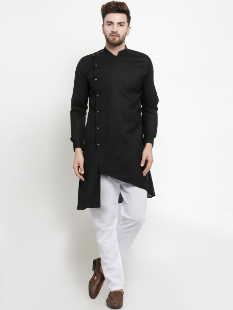 TREEMODA Men Black & White Solid Linen Kurta with Pyjamas