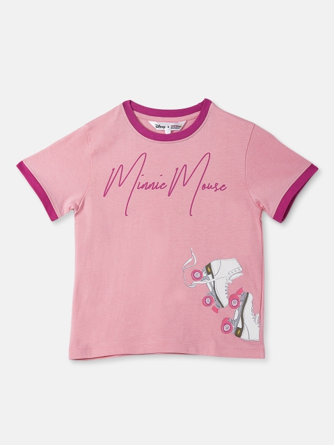 DISNEY X ZILINGO Girls Pink Minnie Mouse Printed Round Neck T-shirt