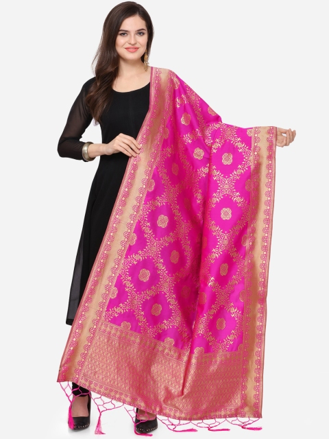 Satrani Magenta & Gold-Coloured Woven Design Poly Silk Jacquard Banarasi Dupatta