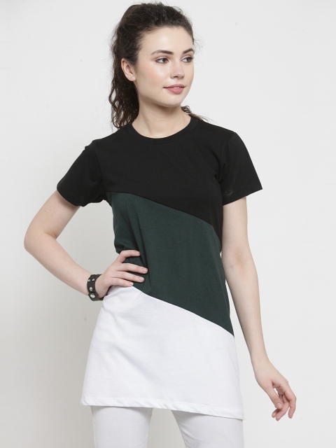 Kalt Women White & Green Colourblocked Round Neck Longline T-shirt