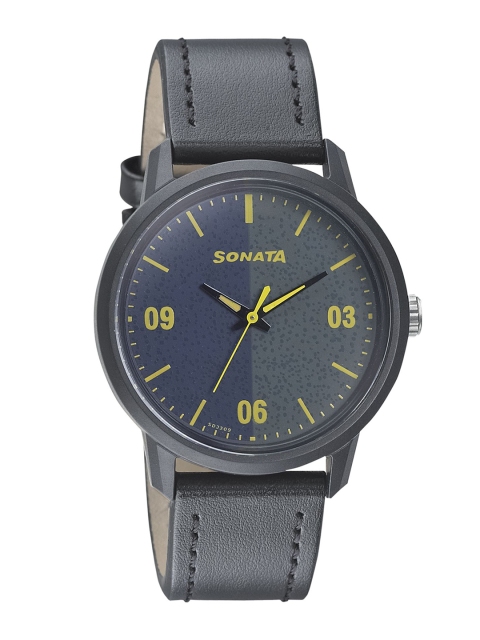 Sonata Men Black & Navy Blue Analogue Watch 77085PL03