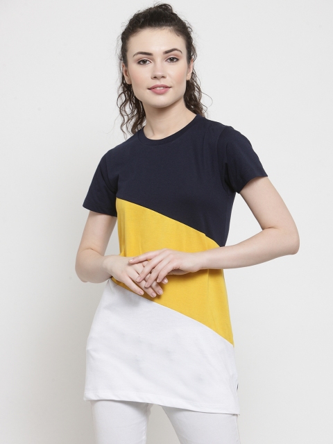 Kalt Women White & Yellow Colourblocked Round Neck Longline T-shirt