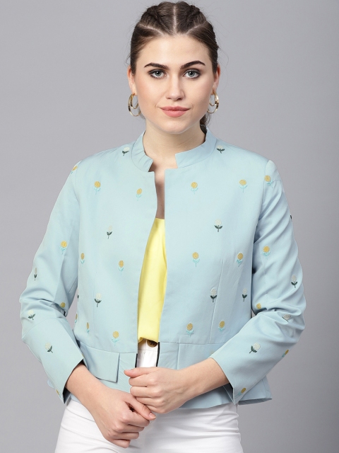 Zima Leto Women Blue Embroidered Tailored-Fit Front Open Blazer