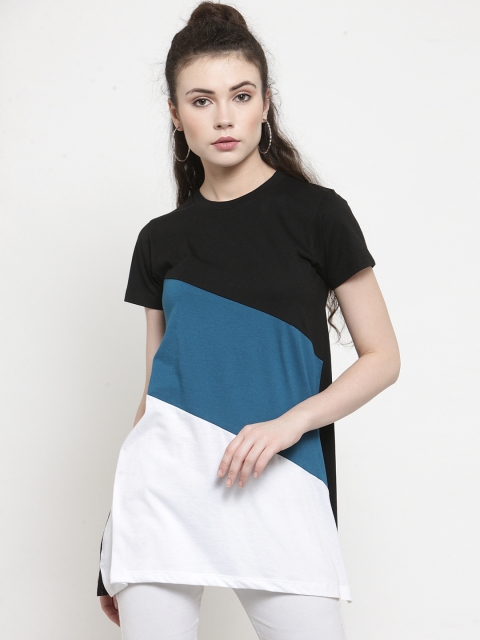 Kalt Women White & Teal Blue Colourblocked Round Neck Longline T-shirt