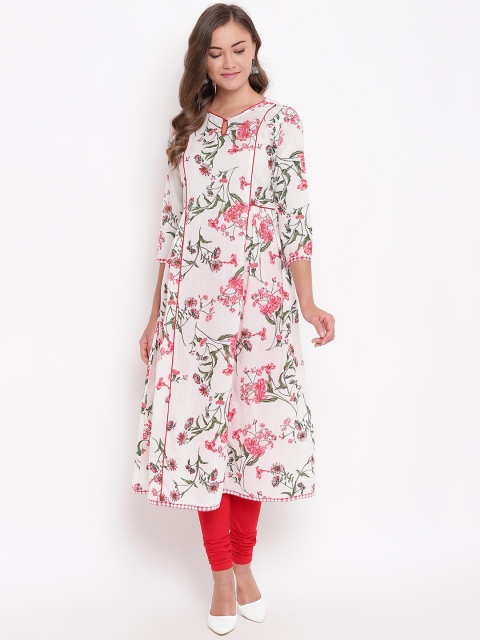 Be Indi Women White & Pink Floral Printed A-Line Kurta