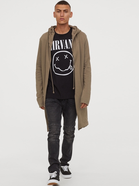 H&M Men Brown Solid Long Hooded Cardigan