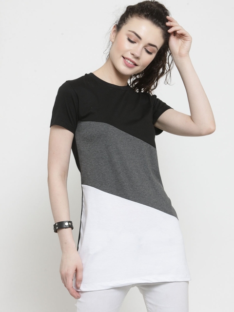 Kalt Women White Grey Colourblocked Round Neck Longline T-shirt