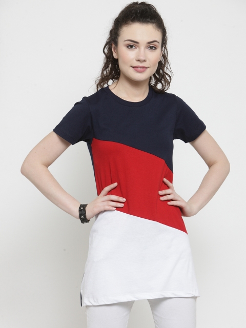 Kalt Women White & Red Colourblocked Round Neck Longline T-shirt