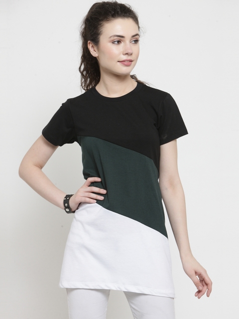 Kalt Women White & Green Colourblocked Round Neck Longline T-shirt