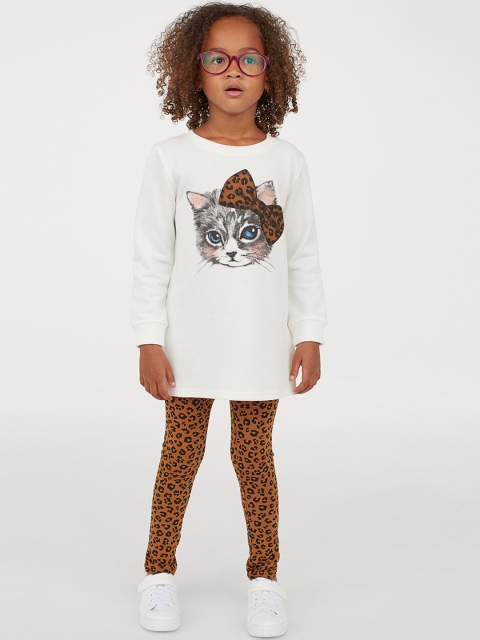 H&M Girls White & Brown Printed Sweatshirt and Leggings