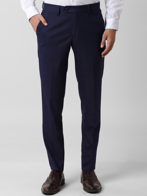 Peter England Men Navy Blue & Red Slim Fit Checked Formal Trousers