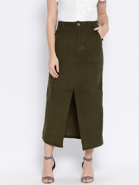 Oxolloxo Women Olive Green Solid Corduroy Maxi Skirt