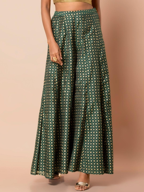 INDYA Women Green & Gold-Toned Printed Flared Palazzos