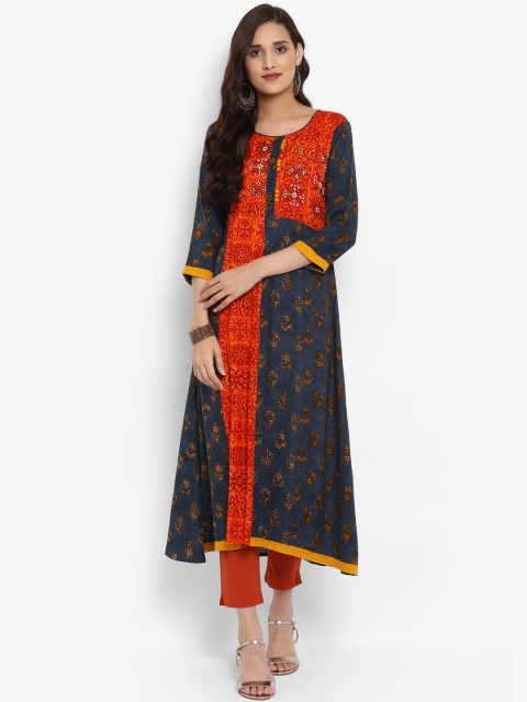 aayusika Women Navy Blue & Red Printed A-Line Kurta