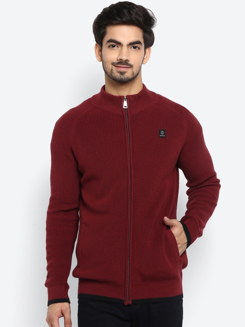 Mufti Men Maroon Solid Open Front Sweater