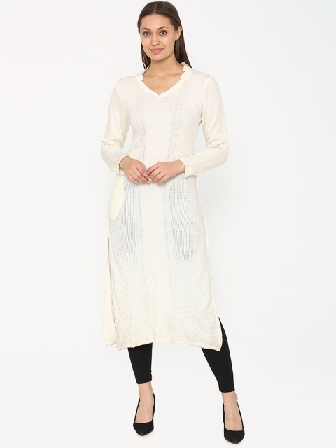 Laabha Women Cream-Coloured Solid Straight Woolen Kurta