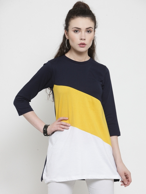 Kalt Women White & Yellow Colourblocked Round Neck Longline T-shirt