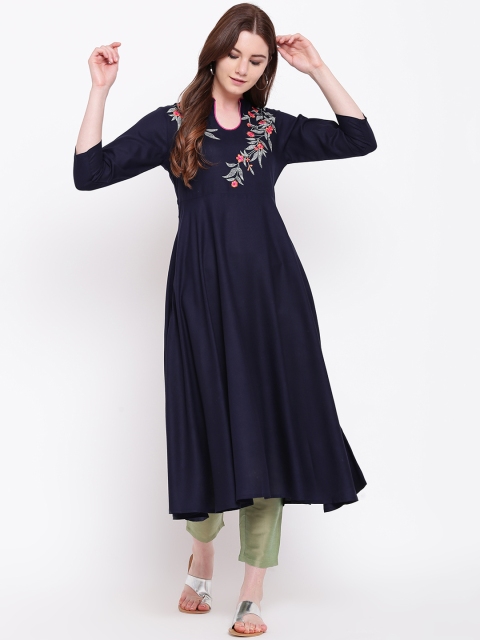 Shakumbhari Women Blue & Orange Floral Embroidered A-Line Kurta