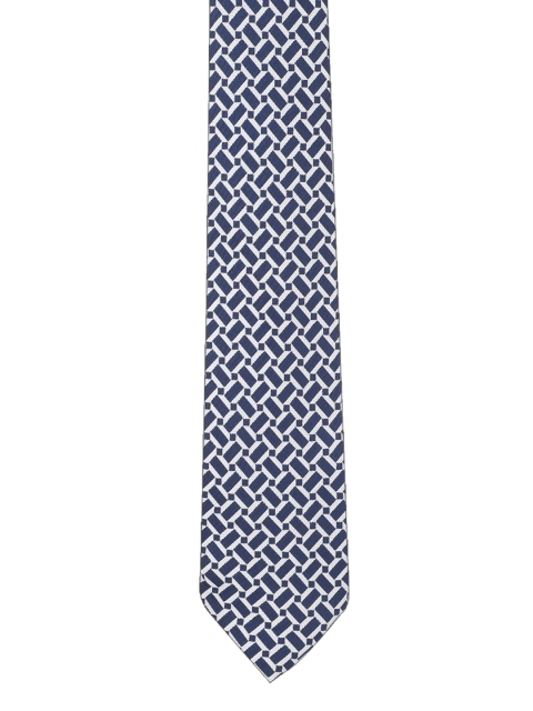 Peter England Navy Blue & White Woven Design Broad Tie