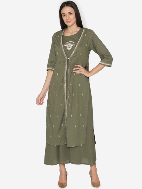 Laabha Women Olive Green Embroidered A-Line Layered Dress