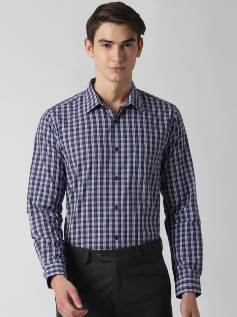 Peter England Men Blue & Maroon Slim Fit Checked Formal Shirt
