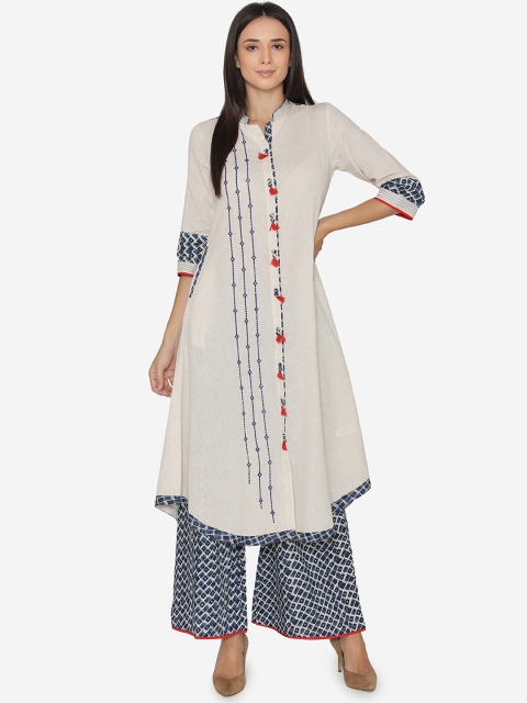 Laabha Women Cream-Coloured & Blue Embroidered Kurta With Palazzos