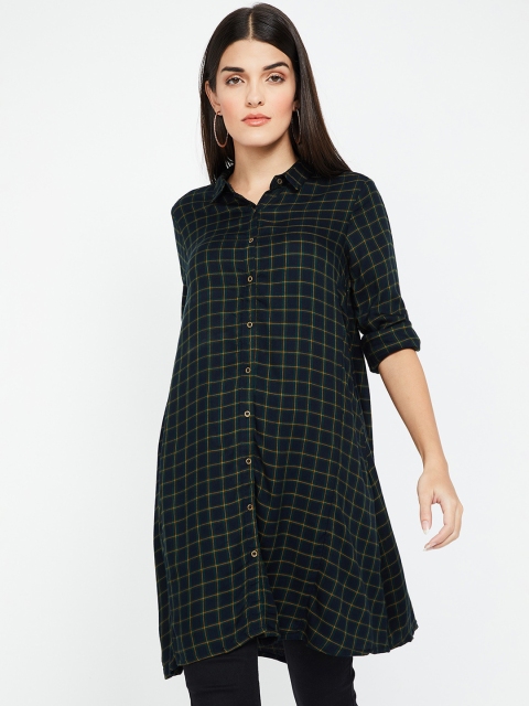 Fame Forever by Lifestyle Women Navy Blue & Olive Green Regular Fit Checked Casual Shirt