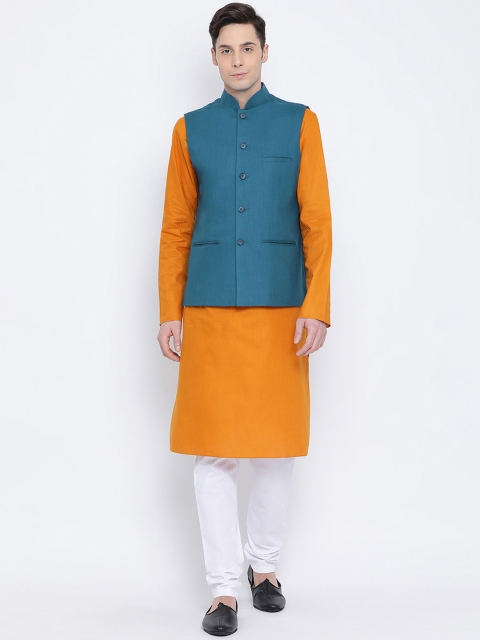 NAMASKAR Men Mustard & White Solid Kurta Set