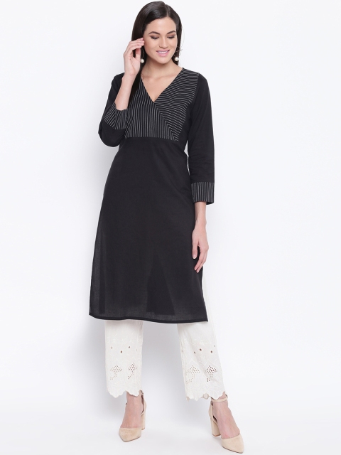 FABNEST Women Black & White Striped Straight Kurta