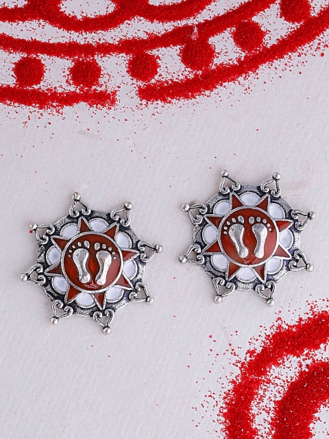 Studio Voylla Silver-Toned & Red Silver Plated Oxidised Circular Studs