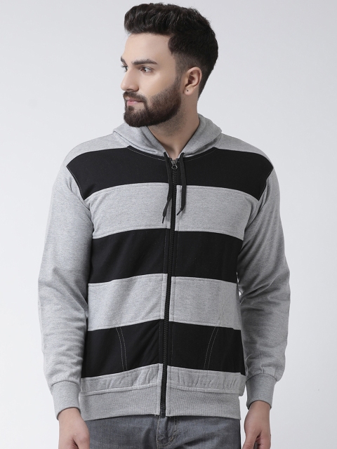 VIMAL JONNEY Men Grey & Black Striped Hooded Sweatshirt