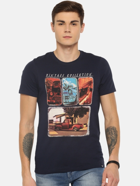 Dollar Bigboss Men Navy Blue & Brown Printed Round Neck T-shirt