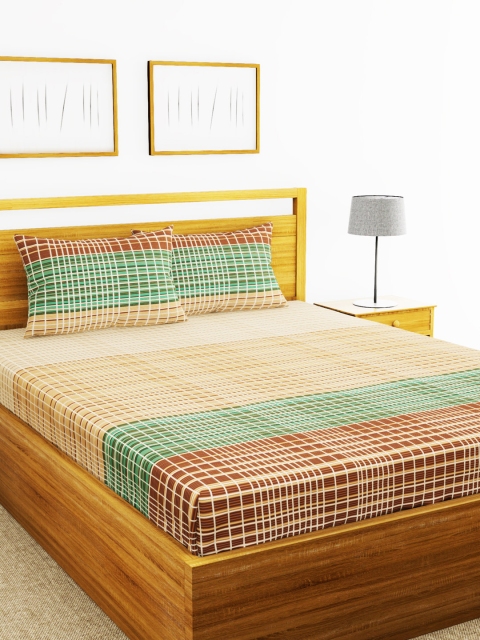 BIANCA Brown & Green Geometric 144 TC Cotton 1 Queen Bedsheet with 2 Pillow Covers
