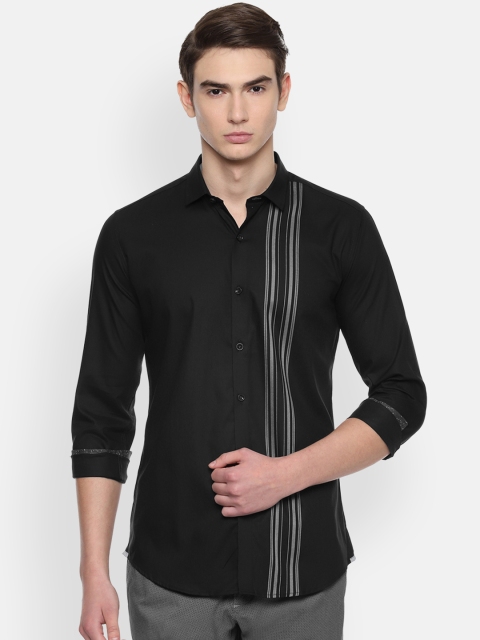 V Dot Men Black & Grey Skinny Fit Striped Casual Shirt