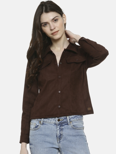 Campus Sutra Women Brown Solid Windcheater Jacket