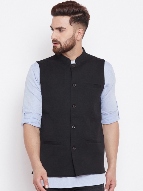 even Men Black Solid Textured Nehru Jacket