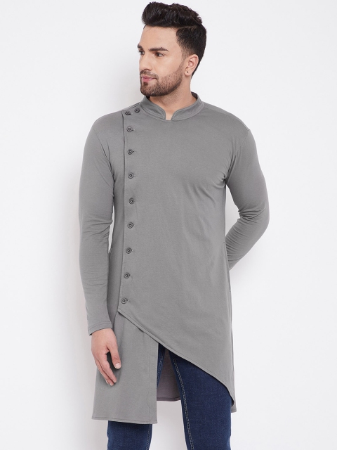 Hypernation Men Grey Solid Straight Kurta