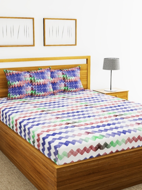 BIANCA Blue & Pink Abstract 210 TC Cotton 1 King Bedsheet with 2 Pillow Covers