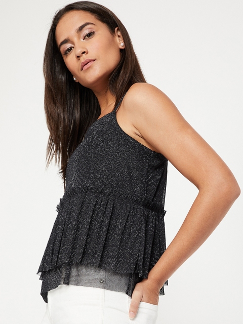 Ginger by Lifestyle Women Black Solid Sheen Peplum Top