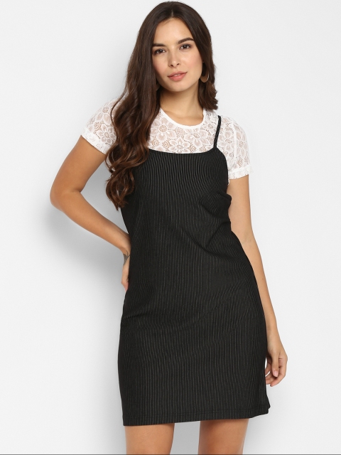FOSH Women Striped Black Denim Pinafore Dress